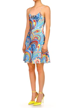 Aqua Multicolor Printed Bias Mini Slip Dress