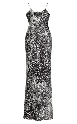 Black And White Zebra Silk Jacquard Gown With Silk Flower