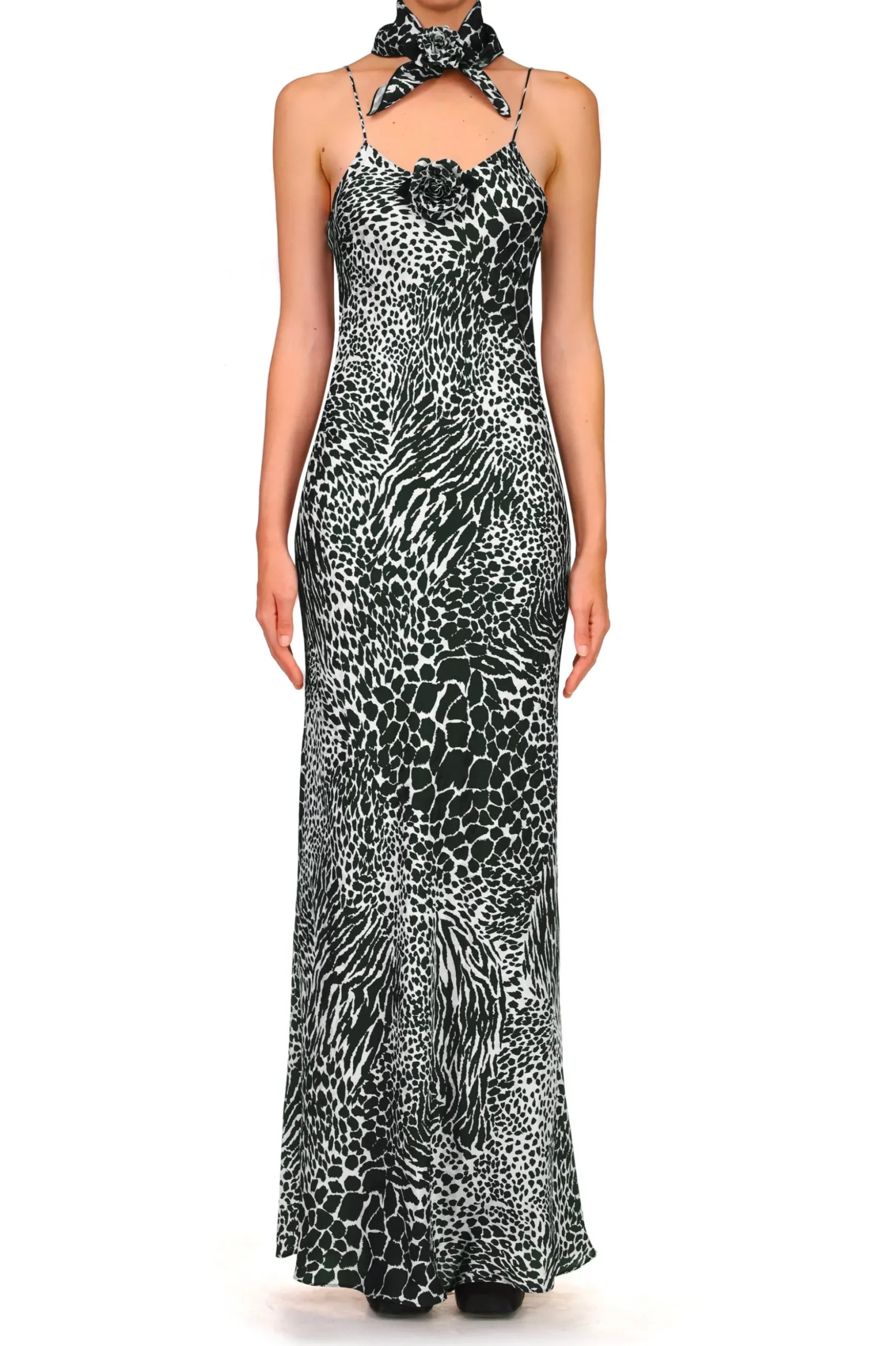 Black And White Zebra Silk Jacquard Gown With Silk Flower