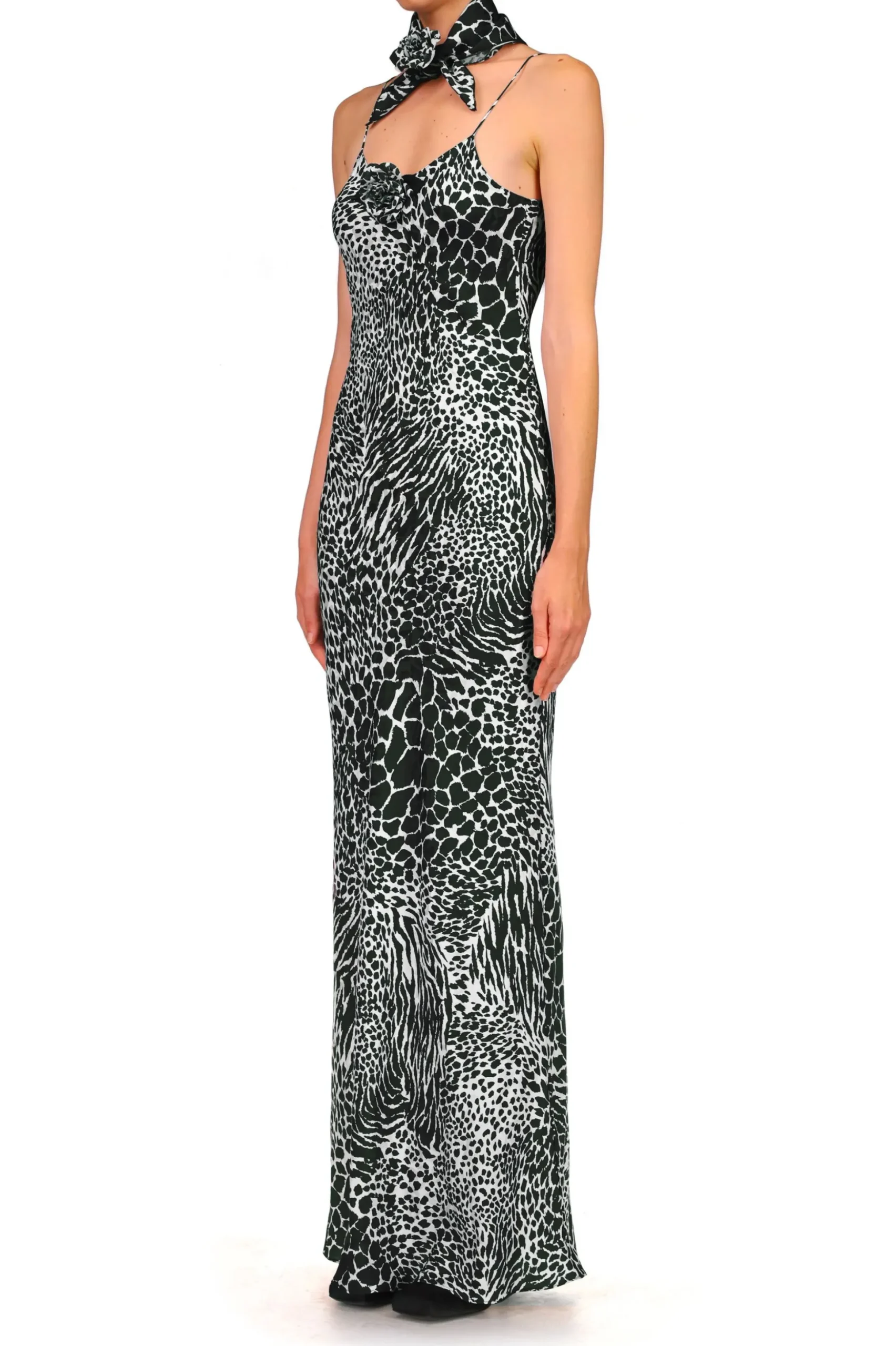 Black And White Zebra Silk Jacquard Gown With Silk Flower