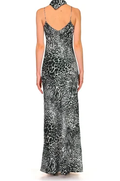 Black And White Zebra Silk Jacquard Gown With Silk Flower