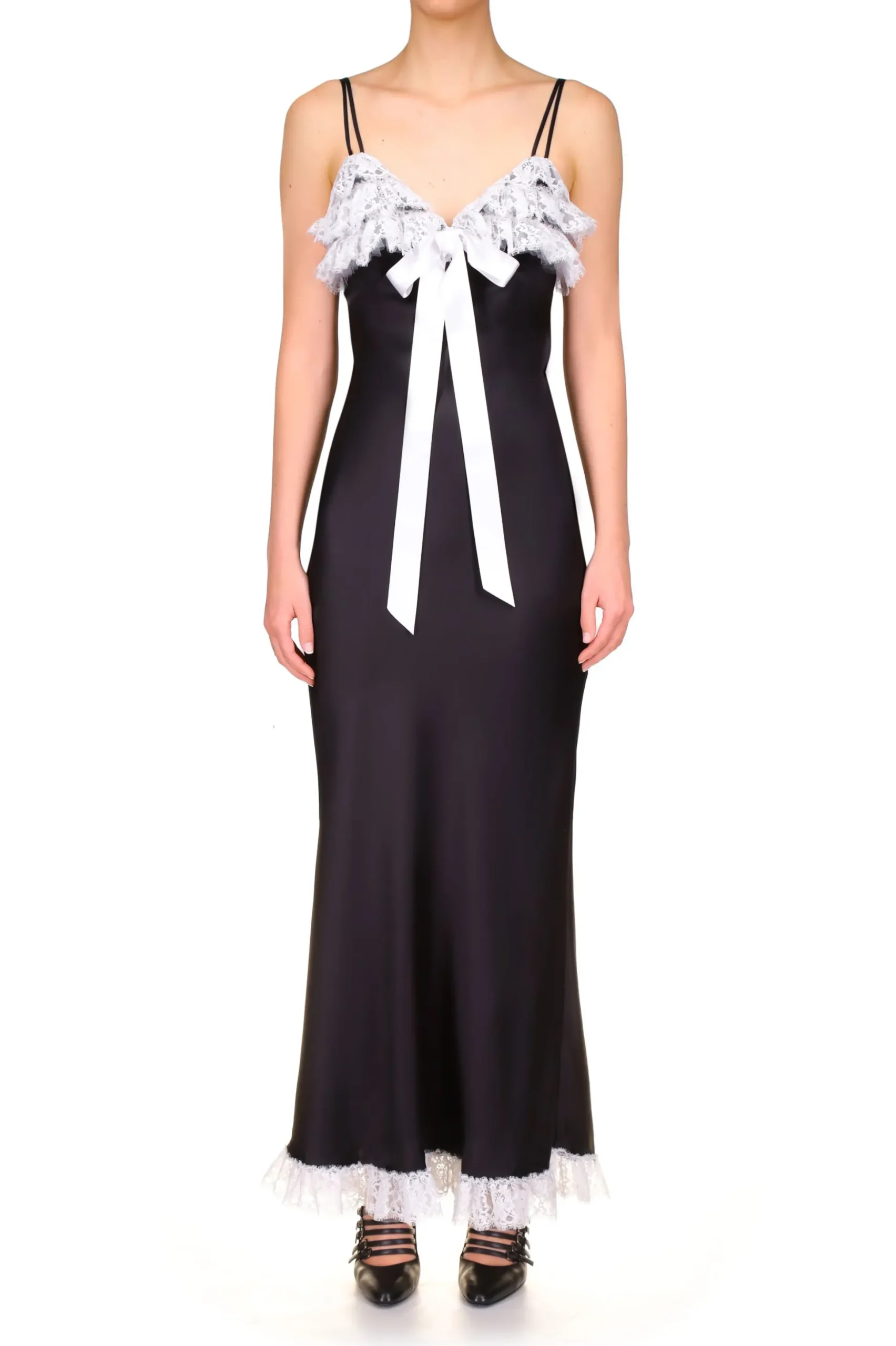 Black Bias Dress With White Lace Bodice Ruffle And Ribbon Bow Detail