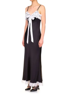 Black Bias Dress With White Lace Bodice Ruffle And Ribbon Bow Detail