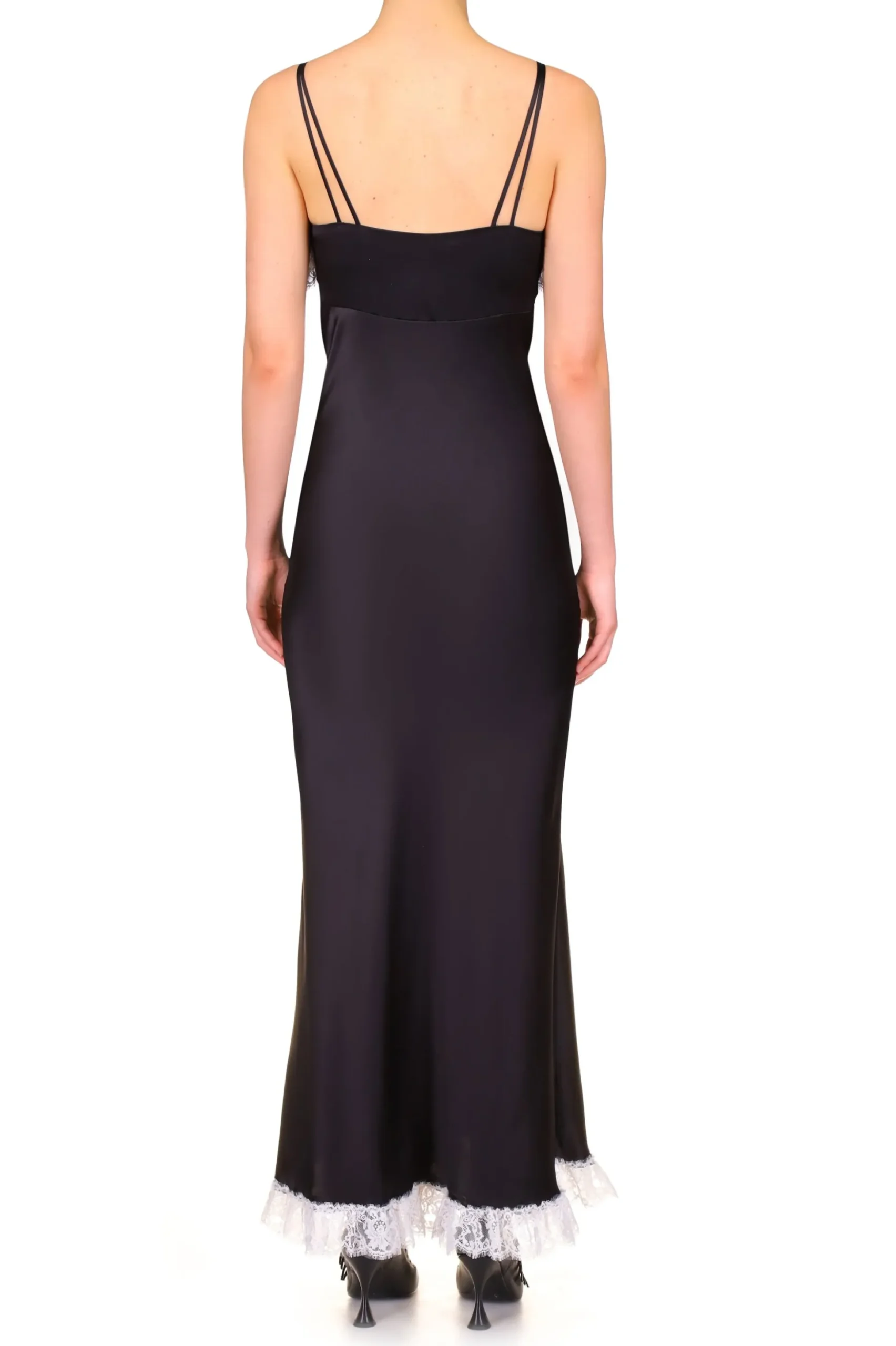 Black Bias Dress With White Lace Bodice Ruffle And Ribbon Bow Detail