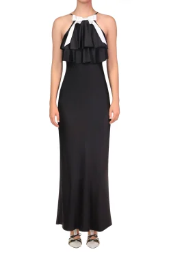 Black Charmeuse Bias Tiered Ruffle Halter Dress With White Bow Detail