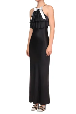 Black Charmeuse Bias Tiered Ruffle Halter Dress With White Bow Detail