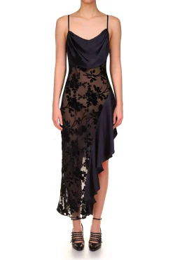 Black Floral Burnout Velvet And Satin Asymetrical Cowl Neck Bias Dress