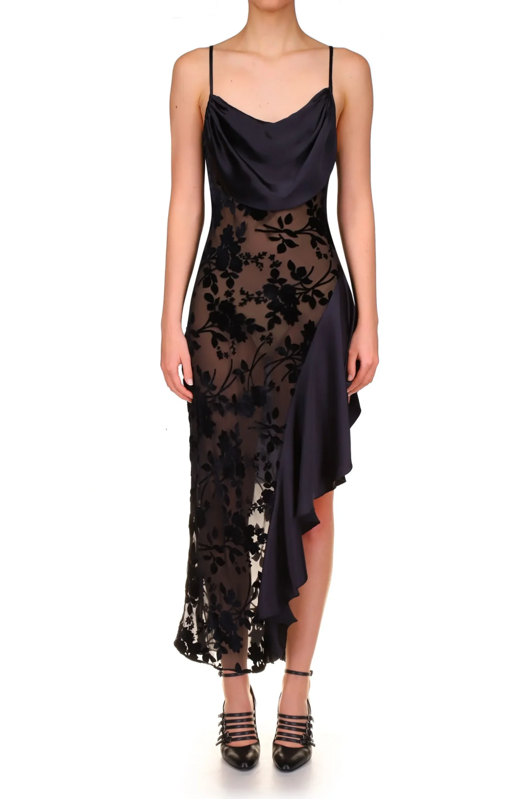 Black Floral Burnout Velvet And Satin Asymetrical Cowl Neck Bias Dress