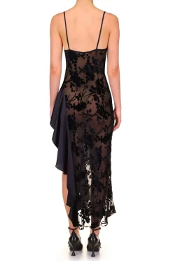 Black Floral Burnout Velvet And Satin Asymetrical Cowl Neck Bias Dress