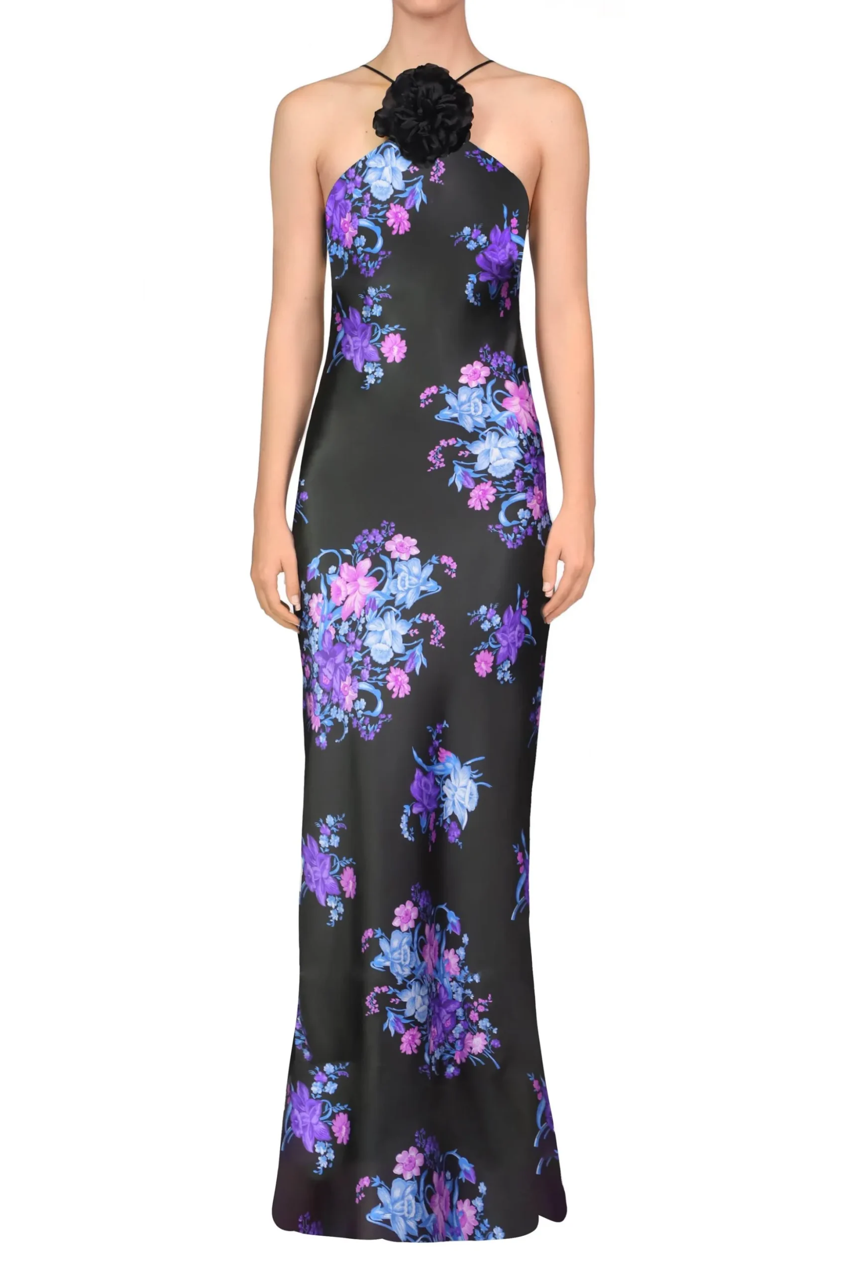 Black Foral Gown With Silk Flower Detail