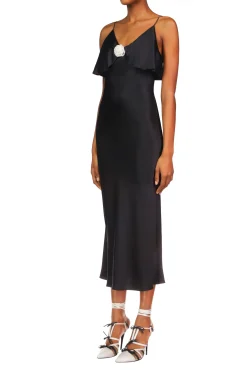 Black Satin Charmeuse Bias Slip Dress With Ruffle And Silk Flower Detail