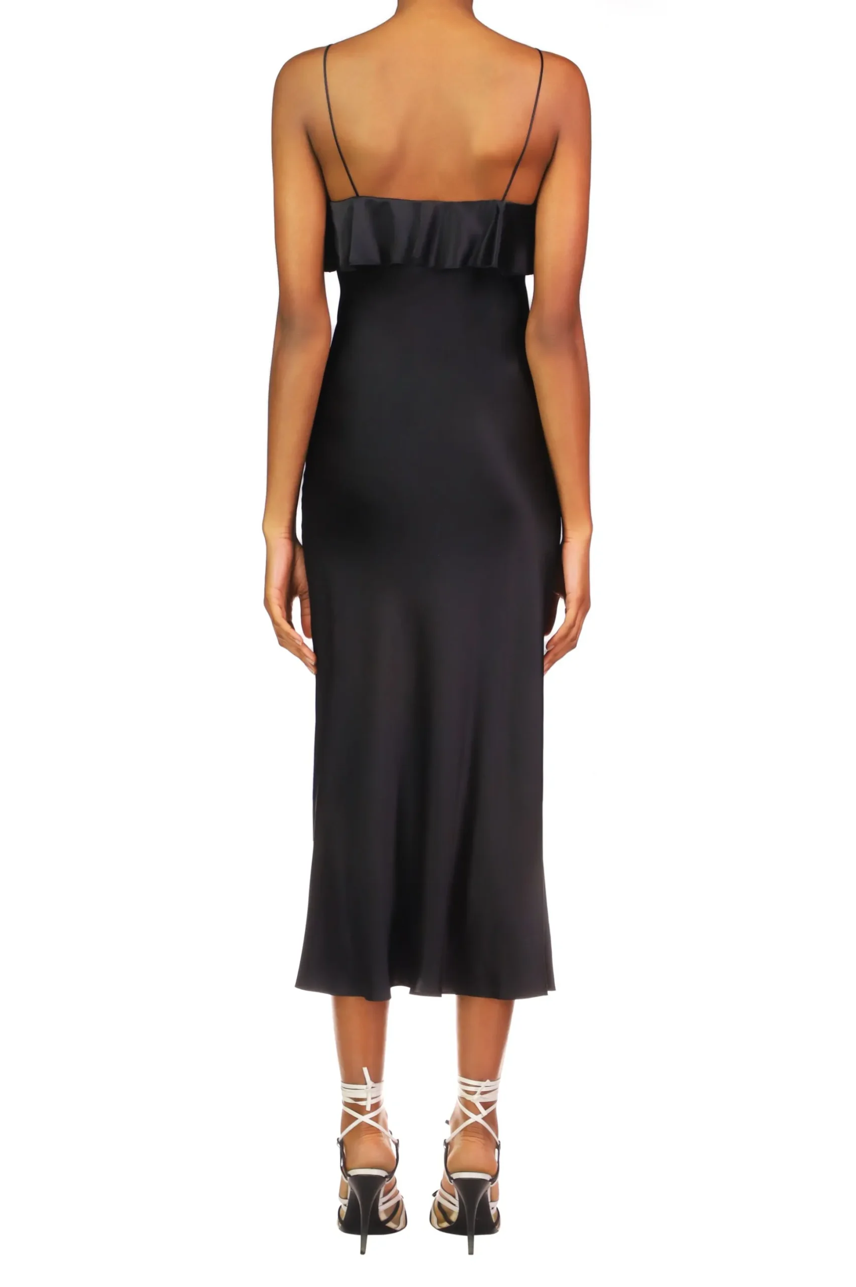 Black Satin Charmeuse Bias Slip Dress With Ruffle And Silk Flower Detail