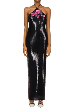 Black Sequin Halter Gown With Hand Beaded Floral Detail