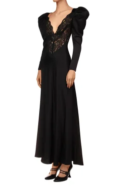 Black Silk And Lace Bias Long Sleeve Dress