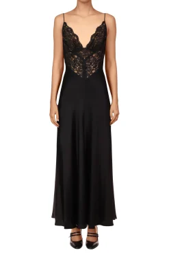 Black Silk Charmeuse Bias Dress With Black Lace