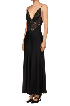 Black Silk Charmeuse Bias Dress With Black Lace