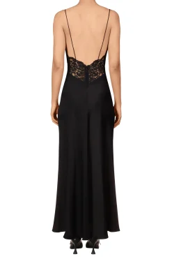 Black Silk Charmeuse Bias Dress With Black Lace