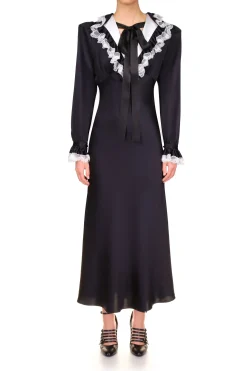 Black Silk Long Sleeve Dress With Off White Collar And Lace Trim