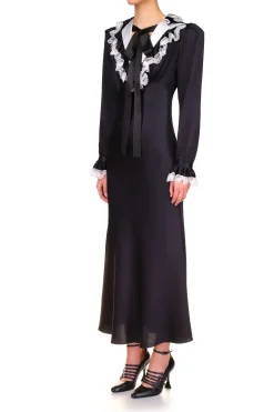 Black Silk Long Sleeve Dress With Off White Collar And Lace Trim