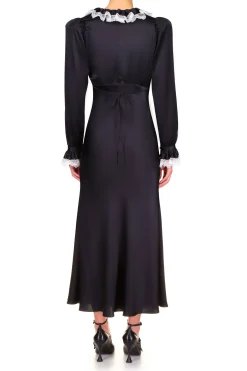 Black Silk Long Sleeve Dress With Off White Collar And Lace Trim