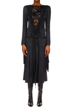 Black Silk Long Sleeve Dress With Black Sequin Tulle & Sash