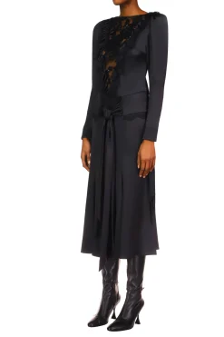 Black Silk Long Sleeve Dress With Black Sequin Tulle & Sash