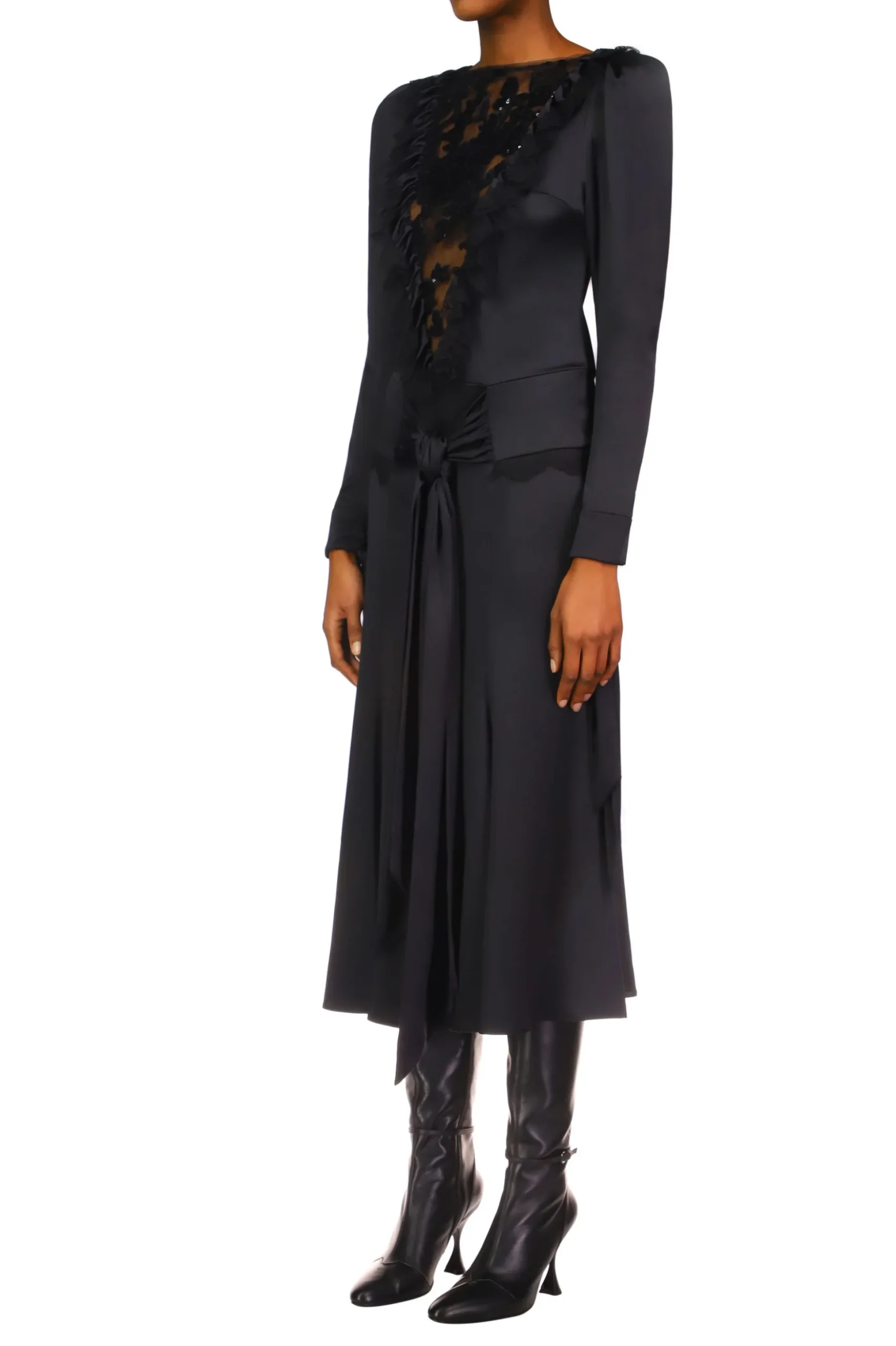 Black Silk Long Sleeve Dress With Black Sequin Tulle & Sash