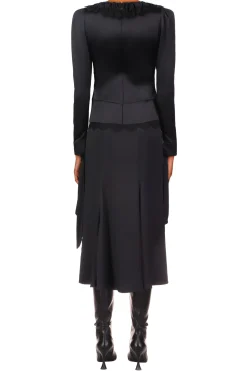 Black Silk Long Sleeve Dress With Black Sequin Tulle & Sash