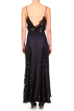 Black Silk Satin And Black Sequin Dress With Godet And Lace Ruffle
