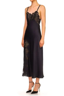 Black Silk Satin And Lace Bias Slip Dress