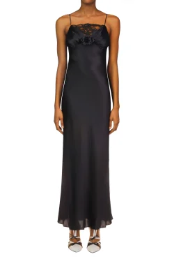 Black Silk Satin Bias Dress With Ruched Bust And Black Lace Detail
