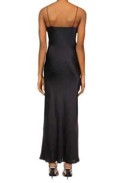 Black Silk Satin Bias Dress With Ruched Bust And Black Lace Detail