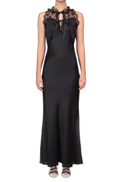 Black Silk Satin Bias Halter Dress With Lace And Ruffle Details