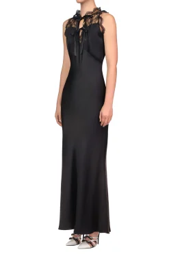 Black Silk Satin Bias Halter Dress With Lace And Ruffle Details