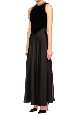 Black Silk Satin & Velvet Dress With Tulle Detail