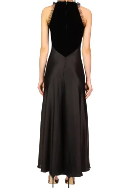 Black Silk Satin & Velvet Dress With Tulle Detail