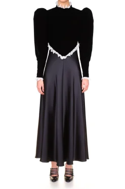 Black Silk Satin & Velvet Long Sleeve Dress With Lace Detail