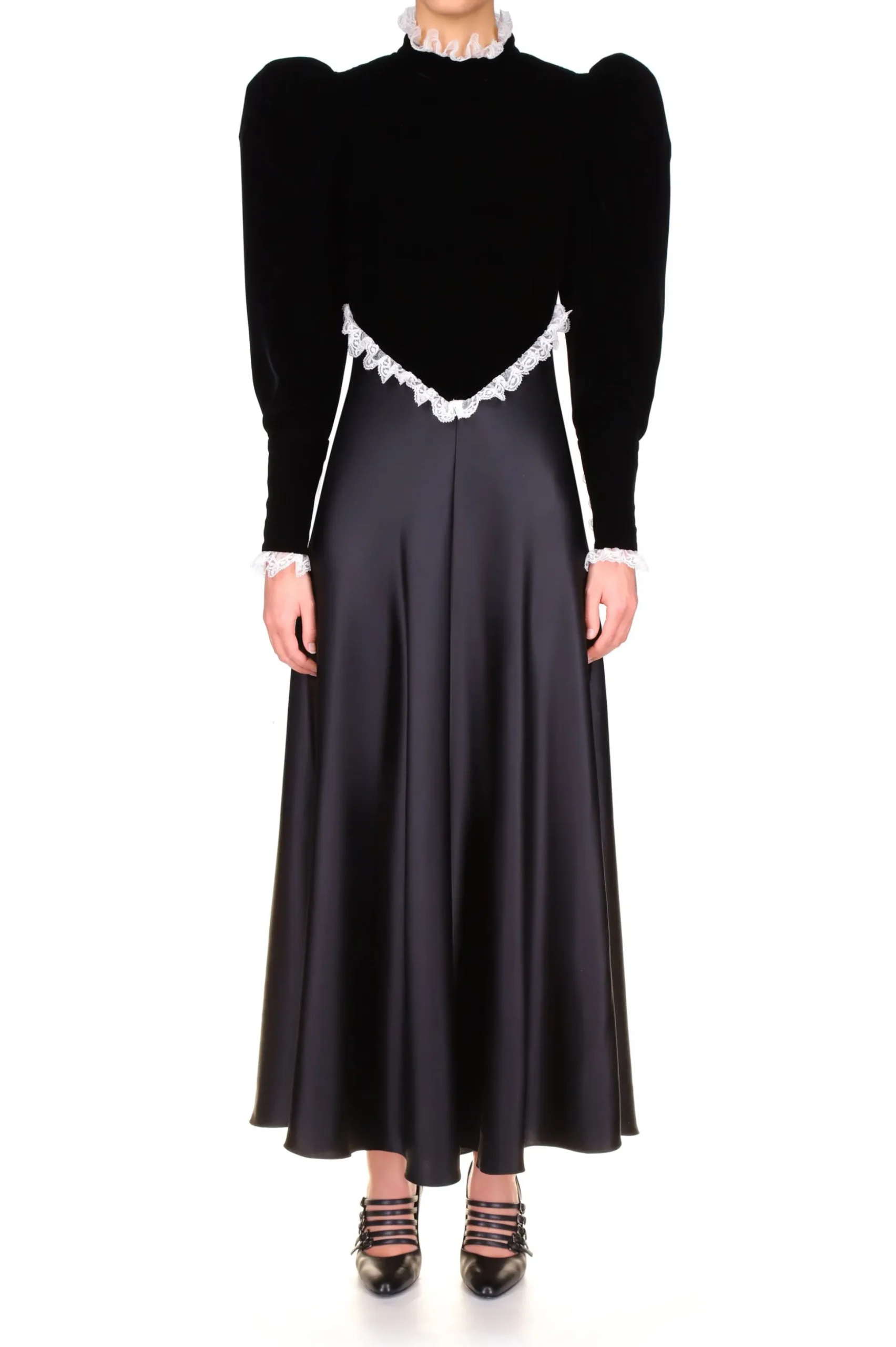 Black Silk Satin & Velvet Long Sleeve Dress With Lace Detail