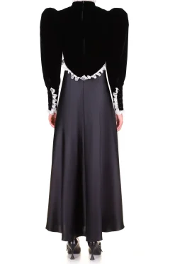 Black Silk Satin & Velvet Long Sleeve Dress With Lace Detail