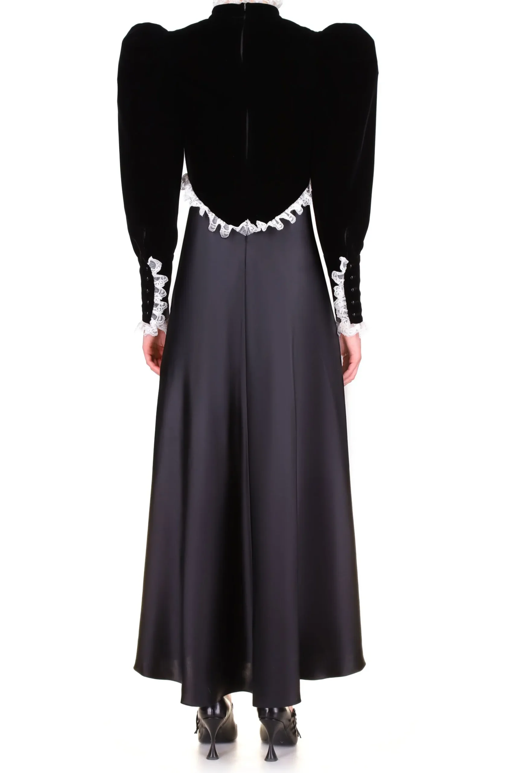 Black Silk Satin & Velvet Long Sleeve Dress With Lace Detail