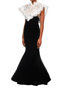Black Velvet Gown With Off White Lace Collar