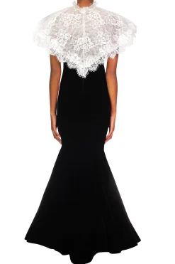 Black Velvet Gown With Off White Lace Collar