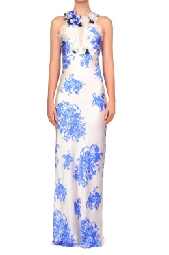 Blue And White Floral Printed Silk Bias Gown With Lace Details
