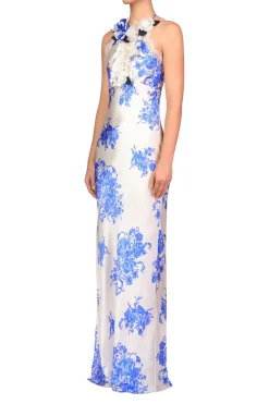 Blue And White Floral Printed Silk Bias Gown With Lace Details