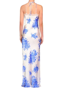 Blue And White Floral Printed Silk Bias Gown With Lace Details