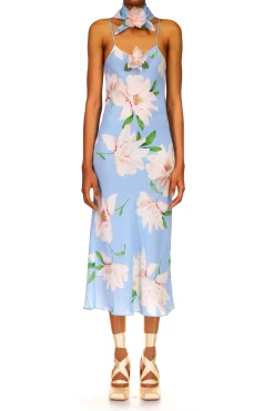 Blue And White Floral Silk Slip With Silk Flower Detail