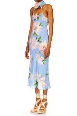 Blue And White Floral Silk Slip With Silk Flower Detail