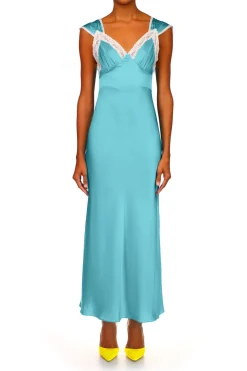 Blue Silk Satin Dress With Lace Details