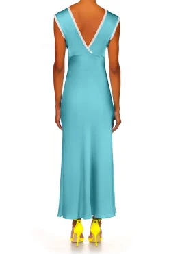 Blue Silk Satin Dress With Lace Details