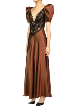 Brown Silk Satin Short Sleeve Dress With Black Lace Details